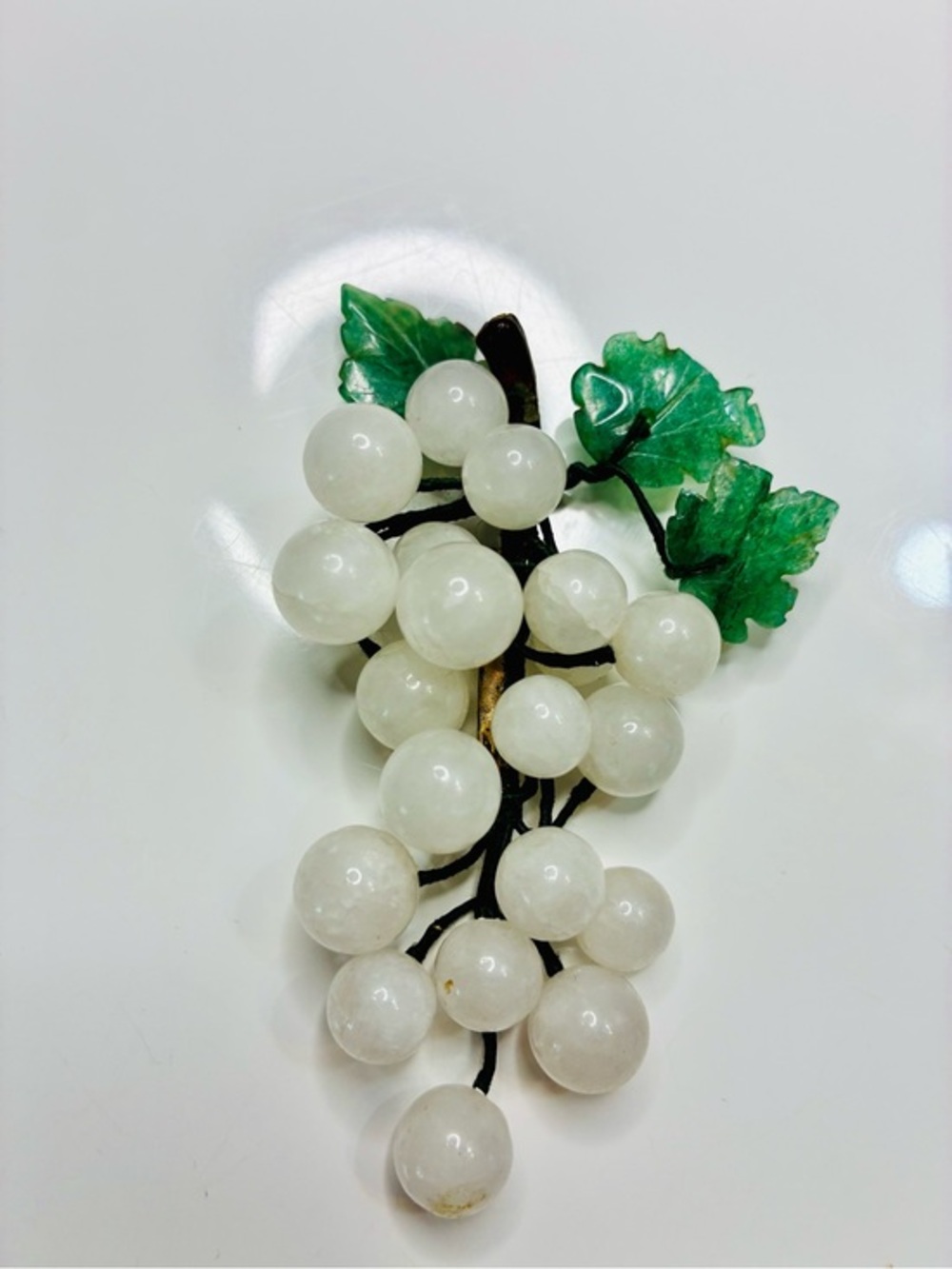 Vintage White Jade Grape Cluster Brooch with Green Carved Leaves 40g -READ